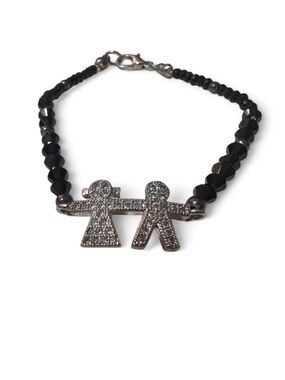Couples charm bracelet with black beads and rhinestone detailing.